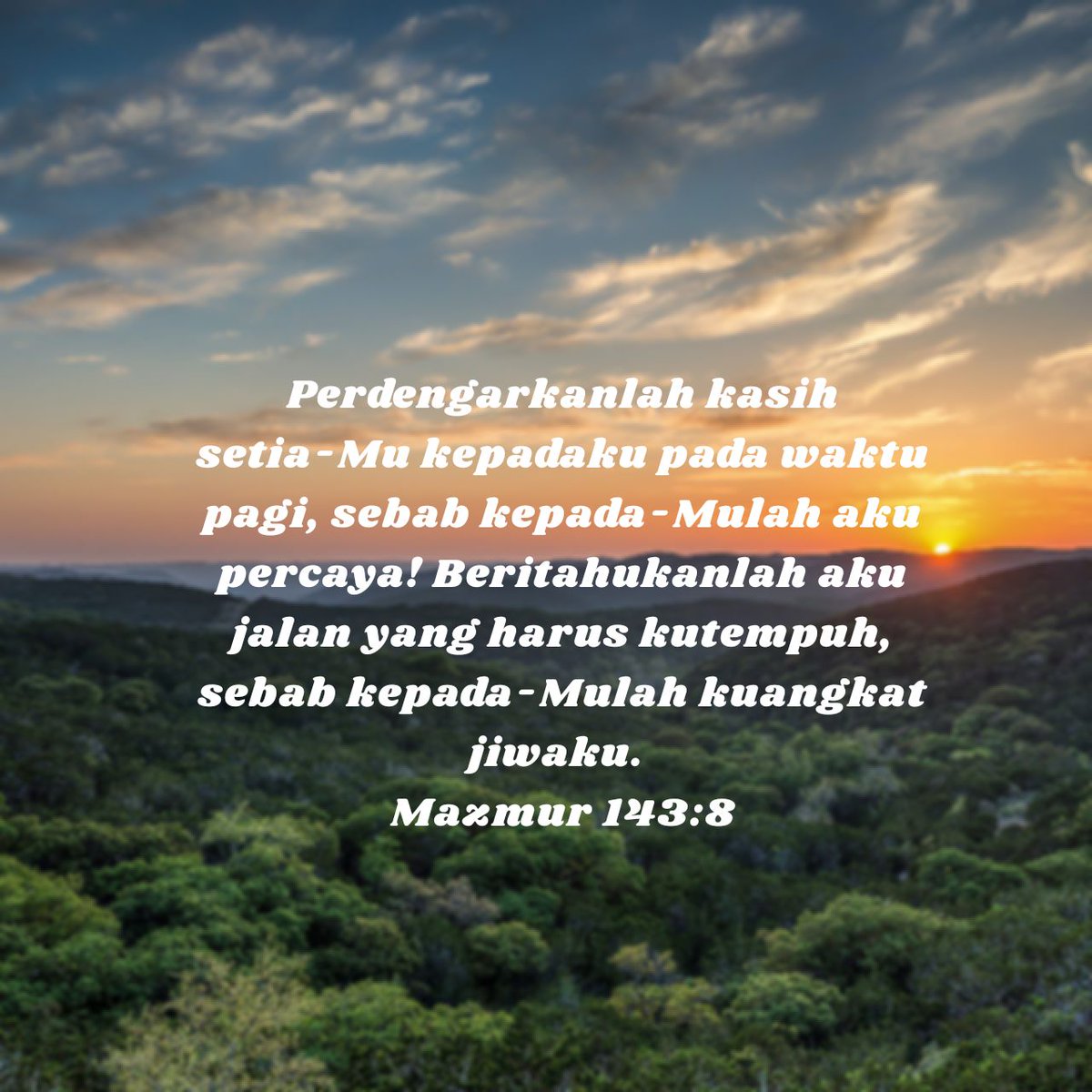 Perdengarkanlah kasih setia-Mu kepadaku pada waktu pagi, sebab kepada-Mulah aku percaya! Beritahukanlah aku jalan yang harus kutempuh, sebab kepada-Mulah kuangkat jiwaku.
Mazmur 143:8 TB

bible.com/id/bible/306/p…