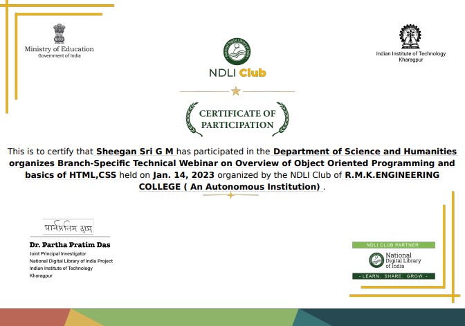 Sheegangm's tweet photo. It gives me great pleasure to announce that I have received a new certification on Overview of Object-Oriented Programming and basics of HTML and CSS #html5 #CSS3 #oops #NDLI #iit #ndliclub https://t.co/mRNtxaewWv
