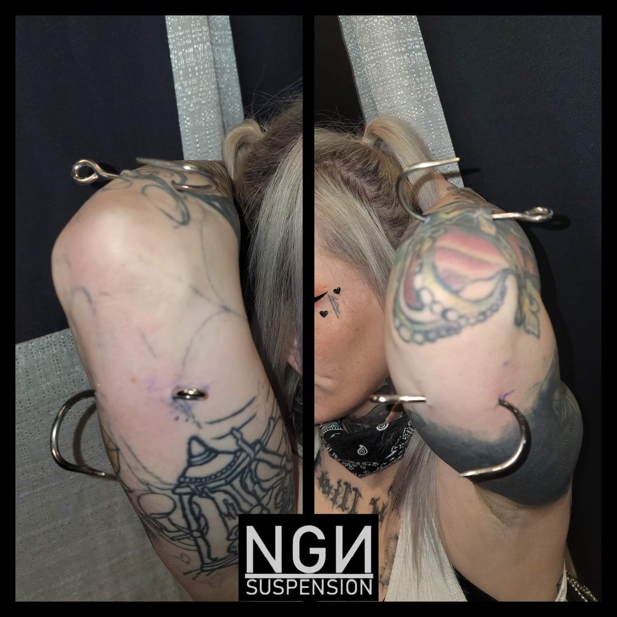 Here's from the #ngnsuspension I did a while back! First time for the elbows! #tattoos #bodysuspension #art #bodymods #suspension #convention #villianarts
