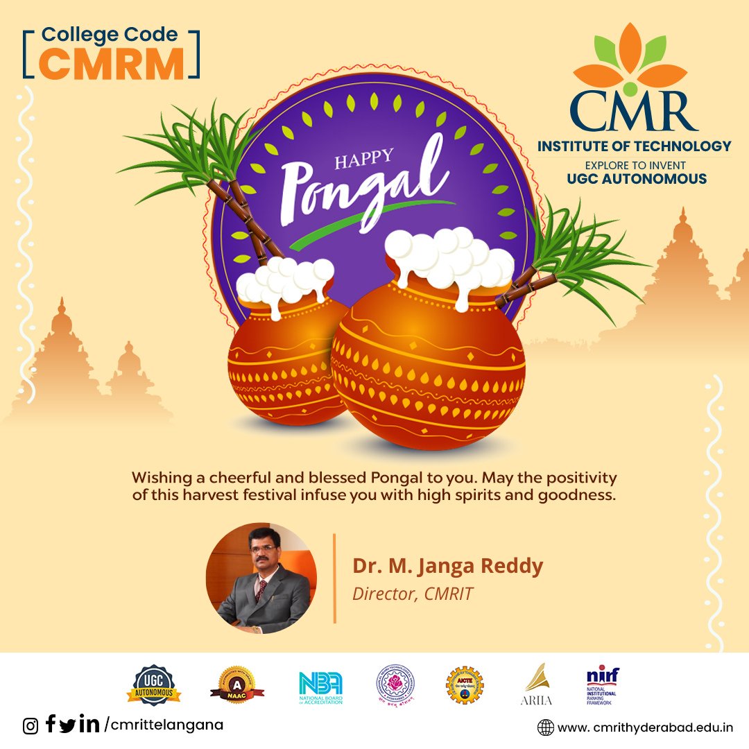 CMRITTelangana's tweet photo. “May this Makar Sankranti brings in new hopes and a fruitful harvest. Happy Makar Sankranti”

- Dr. M. Janga Reddy, Director
CMR Institute of Technology

#CMRInstituteofTechnology #Pongal https://t.co/En3tMMEr1E