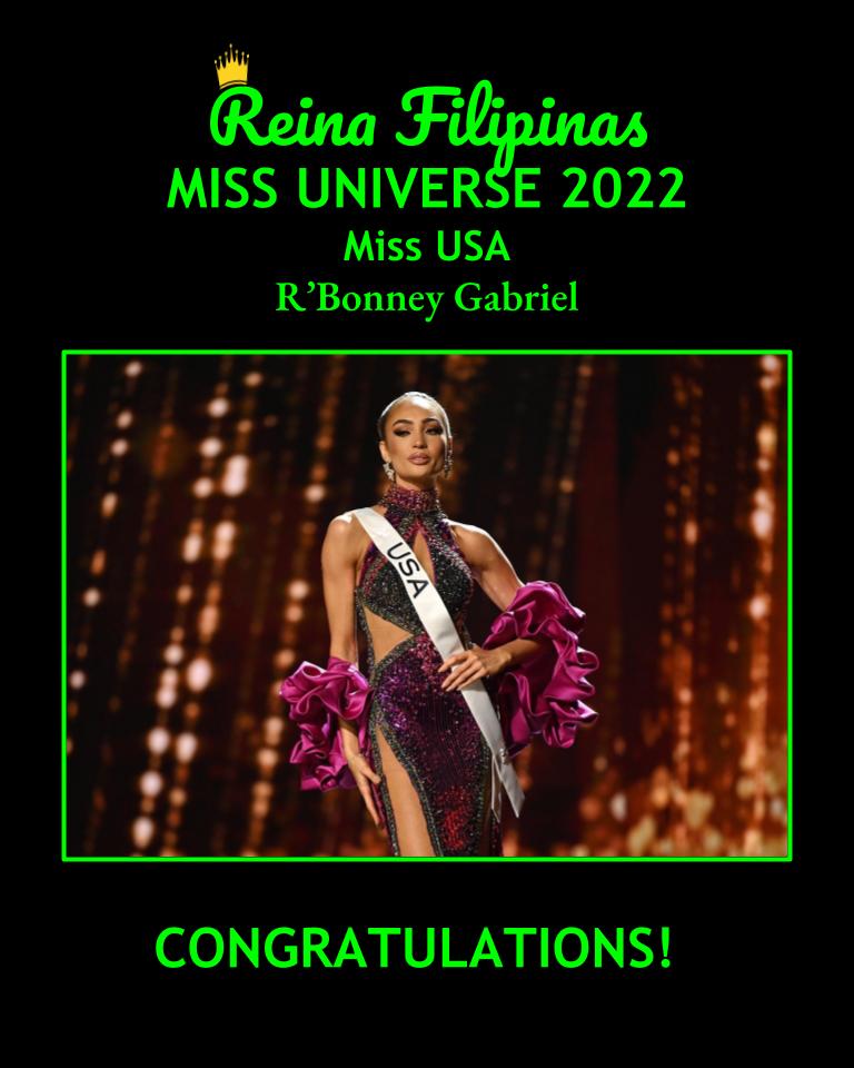 ReinaPinay's tweet photo. Reina Filipinas congratulates Miss USA, R'Bonney Gabriel for winning Miss Universe 2022!

well done, R'Bonney!

@missuniverse @missusa #MissUniverse #MissUniverse2022 #MissUSA 🇺🇸 https://t.co/OnSSs1se2P