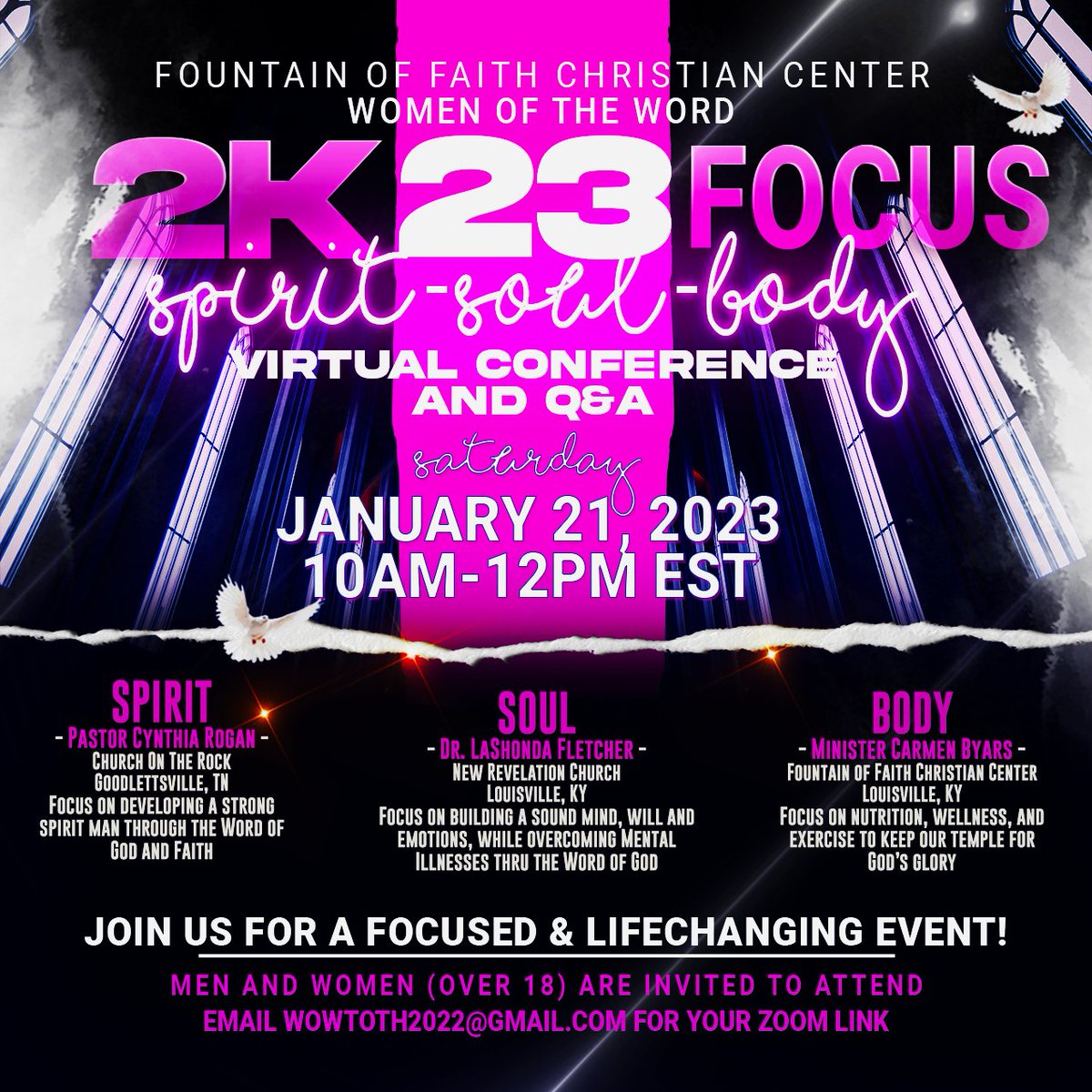 FirstLadyCar's tweet photo. Men and women over 18, join us next Saturday 10a-12p EST (9-11a CST)! Each speaker is versed in their area of expertise to help you regain your FOCUS, spirit soul and body! You don't want to miss it! https://t.co/pKNioGQmWP