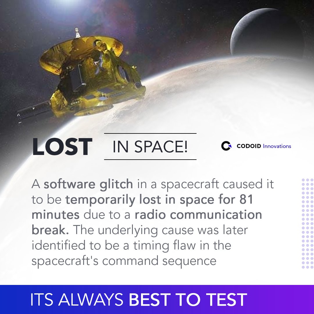 codoid's tweet image. Lost in Space!

A software glitch in a spacecraft caused it to be temporarily lost in space for 81 minutes due to a radio communication break. 

Its Always Best To Test

#codoid #alwaysbesttotest #besttotest #softwareglitch #lostinspace