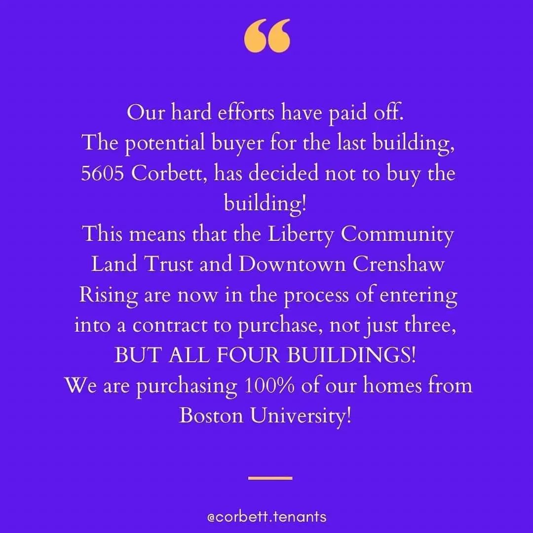 CorbettTenants's tweet photo. (1) WE GOT ALL 4 BUILDINGS! 
Thank you to everyone who shared our posts, wrote emails, made calls, who called out BU! Thank you to everyone who showed up to our press conferences, donated supplies to us, created posters with us, and/or donated food or funds for food for us. https://t.co/NOjPz0osm2