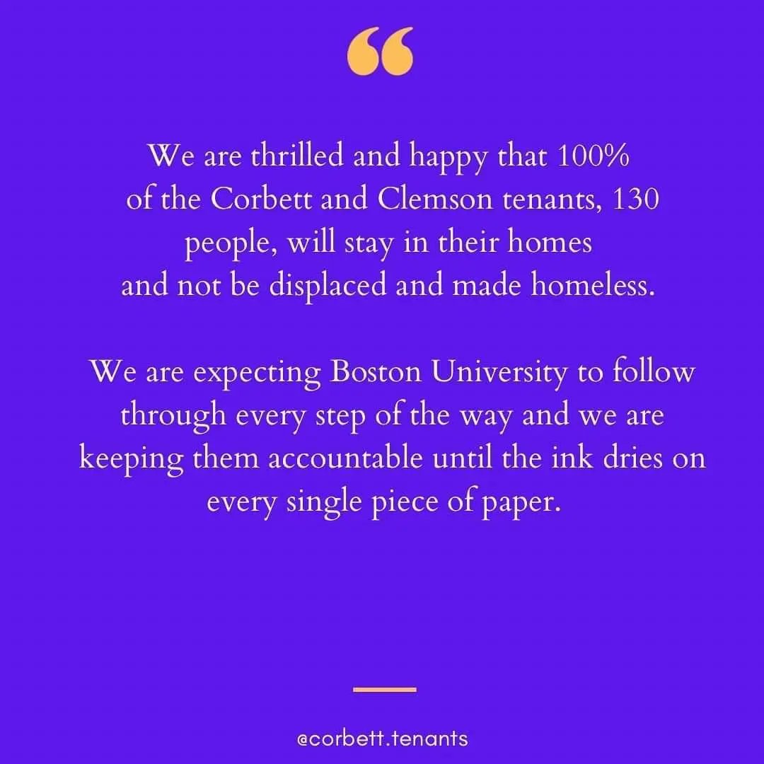 CorbettTenants's tweet photo. (1) WE GOT ALL 4 BUILDINGS! 
Thank you to everyone who shared our posts, wrote emails, made calls, who called out BU! Thank you to everyone who showed up to our press conferences, donated supplies to us, created posters with us, and/or donated food or funds for food for us. https://t.co/NOjPz0osm2