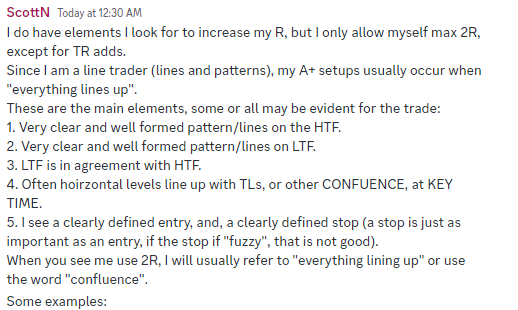 Switterman's tweet photo. Someone asked what my A+ setups are and when do I go beyond my normal 1R risk using my method/style. Here's my answer in case it helps anyone. 
The chart examples I referenced you can look up on my Twitter feed for more detail on those. https://t.co/2a3LlplQGp
