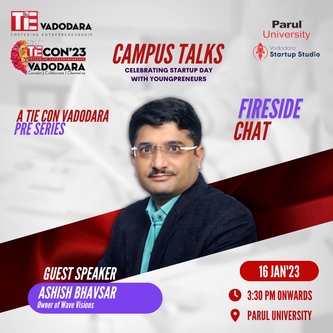 tievadodara's tweet image. TiECon Vadodara announces it&apos;s PreSeries - Campus Talks. Validate your startup idea with our expert - Ashish Bhavsar  (Fireside Chat)) | 16th Jan 2023 | 03:30 PM onwards at @ParulUniversity 
Grab this amazing opportunity.
#TiECon23 #PreSeries #CampusTalks #TieGlobal