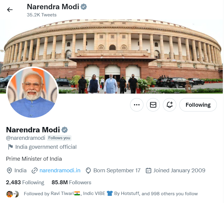 Humbled, honoured &amp; blessed to be followed by <a href="/narendramodi/">Narendra Modi</a> ji. Under his inspirational leadership we are unlocking our potential &amp; awakening to the greatness of our civilizational values. Bharat Mata is assuming her rightful place as the cradle of world civilization.जय श्रीराम🙏