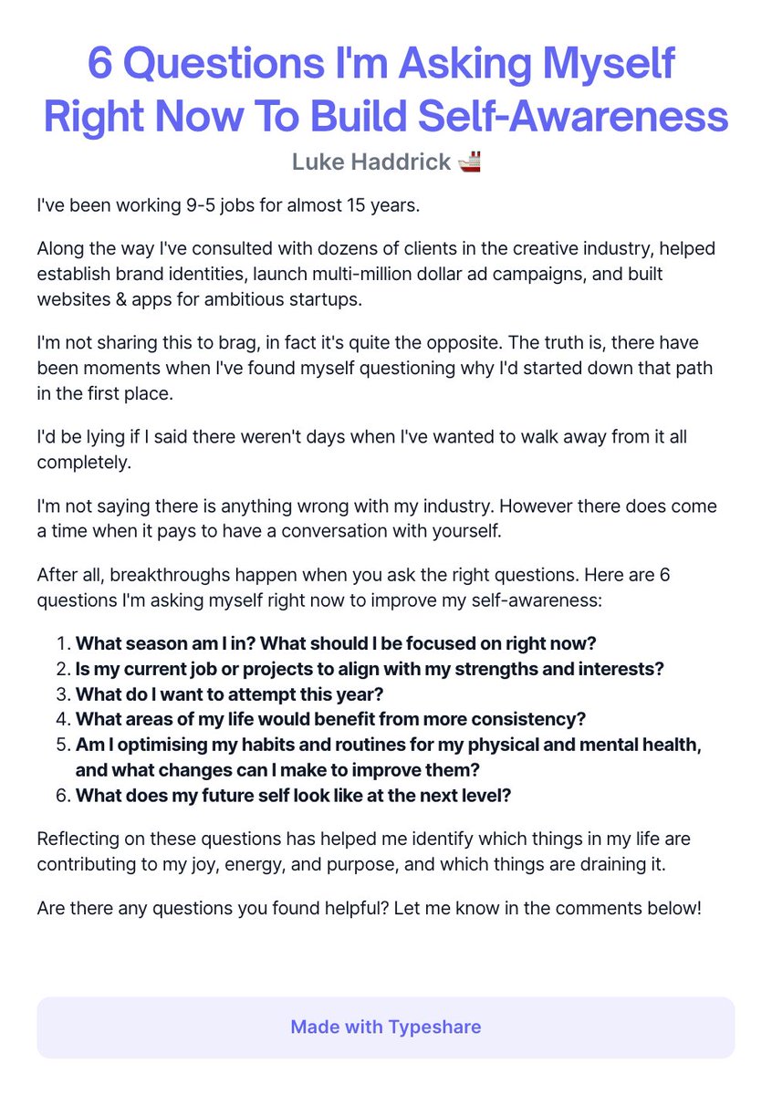 Breakthroughs happen when you ask the right questions.

Here are 6 questions I'm asking myself right now to build self-awareness.