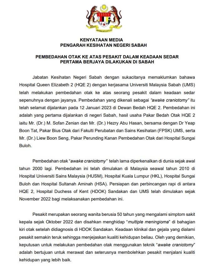 JapenSabah's tweet photo. KENYATAAN MEDIA 
15 JANUARI 2023

PEMBEDAHAN OTAK KE ATAS PESAKIT DALAM KEADAAN SEDAR
PERTAMA BERJAYA DILAKUKAN DI SABAH

Sumber : Jabatan Kesihatan Negeri Sabah

#JaPenSabah #KKcity #SabahInfo https://t.co/mL40B0GWs6