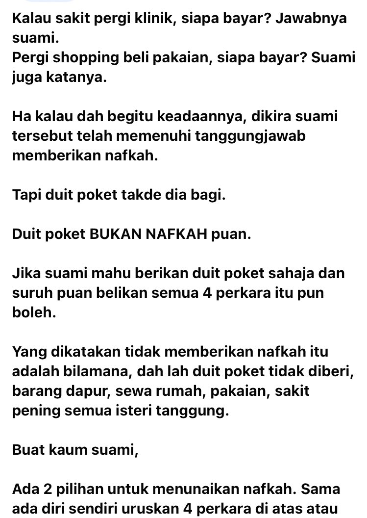 n_azzurajafri's tweet photo. Kepada para wanita, baca apa yang dimaksudkan dengan nafkah. Skrg ni perasan juga, ada yang melampau mendefinisikan nafkah

Celikkan diri dgn ilmu agar jadi wanita yang menyenangkan. Apatah lagi jika suami kita bertanggungjawab

Nafkah ikut KEMAMPUAN suami bukan KEHENDAK isteri https://t.co/gW9kIoYjJX