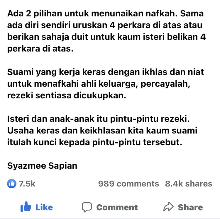 n_azzurajafri's tweet photo. Kepada para wanita, baca apa yang dimaksudkan dengan nafkah. Skrg ni perasan juga, ada yang melampau mendefinisikan nafkah

Celikkan diri dgn ilmu agar jadi wanita yang menyenangkan. Apatah lagi jika suami kita bertanggungjawab

Nafkah ikut KEMAMPUAN suami bukan KEHENDAK isteri https://t.co/gW9kIoYjJX
