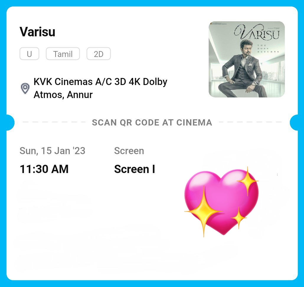 Ragunanthen1992's tweet photo. #ShowTime π½οΈ: #Varisu Count 4 π
#PongalSpecial π #VarisuPongal β¨
#Thalapathy #Vijay ππ
#VarisuCount4 β¨
#Theatre2023FilmNo1 π¬: #KVKCinemas Screen 1 - Annur, Coimbatore CBE @KVKcinemas
@actorvijay https://t.co/3jYdicwGjG