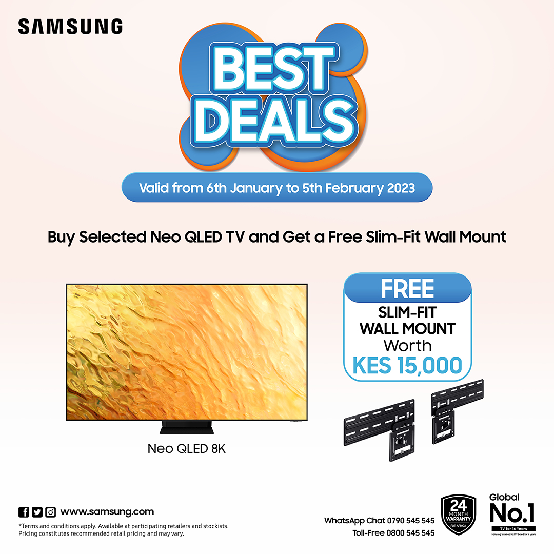 SamsungKE's tweet photo. With our ongoing Best Deals, you get a FREE Slim-Fit Wall Mount worth Ksh 15,000 when you purchase our selected NEO QLED TVs. Don't be left out! 😉
*Terms and Conditions apply*
#NeoQLED
#SamsungLifestyle
#MoreWithSamsung https://t.co/XMGXEgj5aS