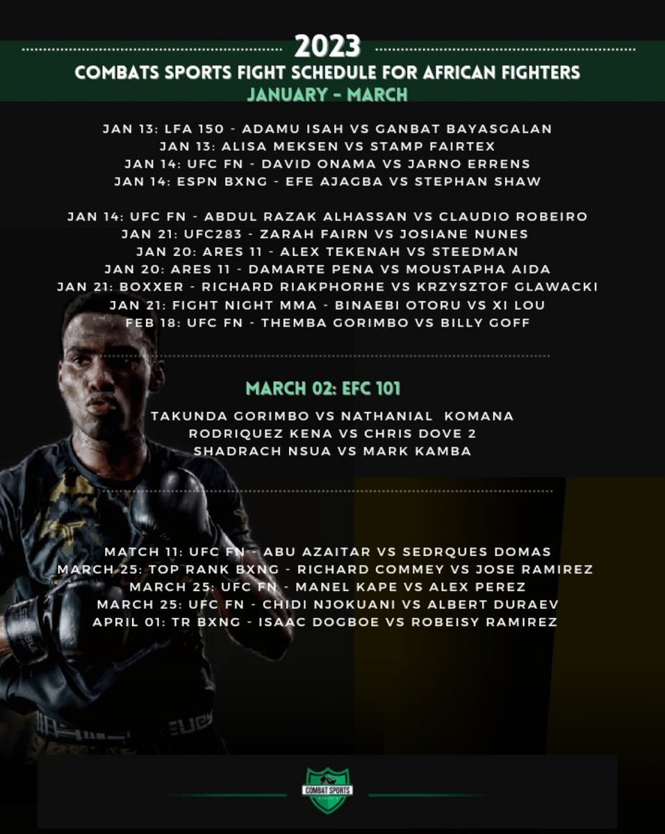 African Fighters Schedule 2023, Jan-March. 

Watch this Space for updates 👌🏽
📝
#UFC #ufcfightnight
#LFA #MMA #espnmma #espn #espnboxing #toprank #richardcommey #davidonama #sodiqyusuff #damartepena #ares #efc #efcworldwide #efcmma #manelkape