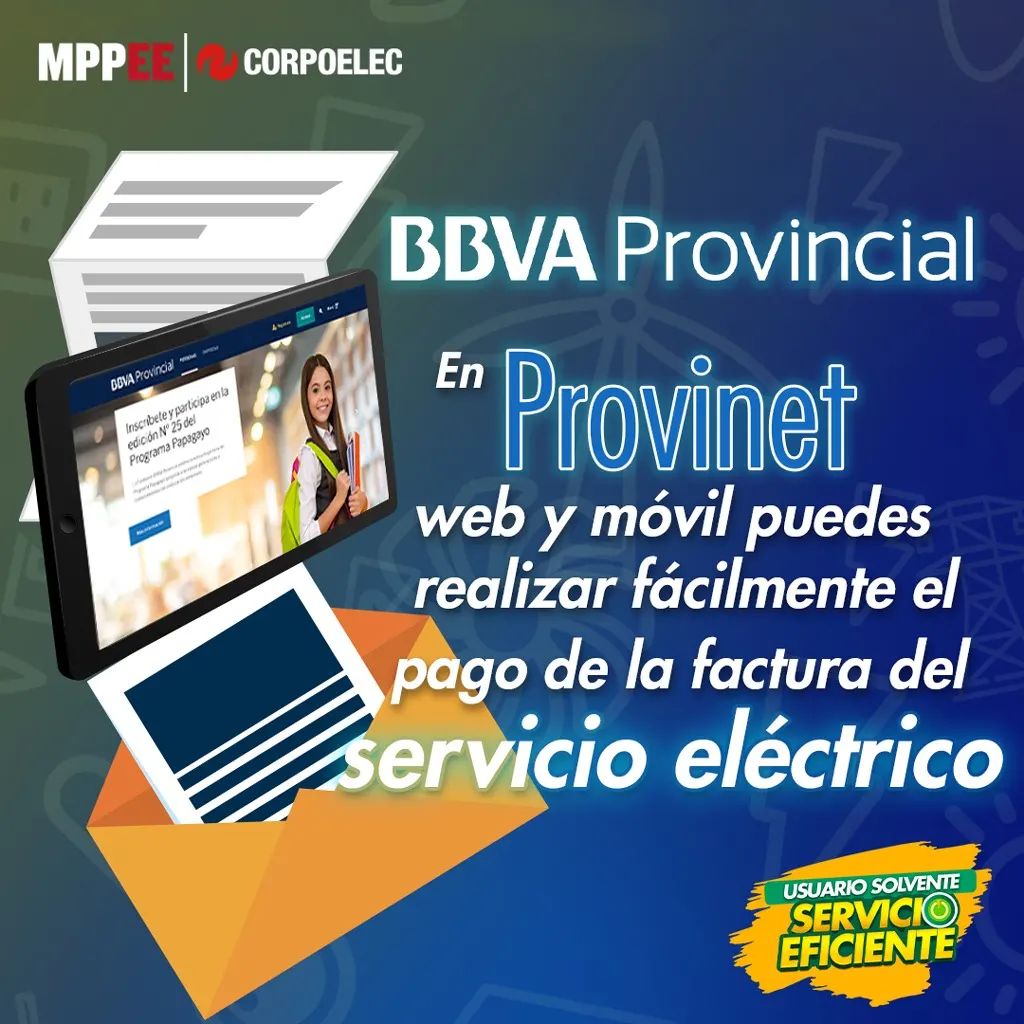CorpoelecInfo's tweet image. Desde #Corpoelec pensamos en tu comodidad, paga tu factura de forma online a través de la plataforma #Provinet de la banca @BBVAProvincial

¡Usuario Solvente, Servicio Eficiente!