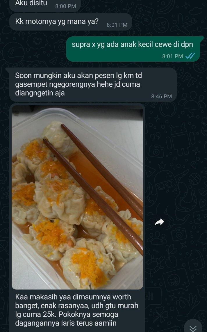 chistiya27's tweet photo. @howtodresvvell numpang lapaak ya kak, sapa tau ada dikit rejeki buaat anak.
DIMSUM NYA KAKAK😁
Dimsum ayam udang, bukan dimsum abal² yg banyak bgt tepungnya yaa. 
harga1box isi 10/25ribu
buat yg luar kota bisa kirim pake paxel ya kak. 
📍pondok aren tangsel
wa 081228001246
HALALLL https://t.co/HxGeH8lad0