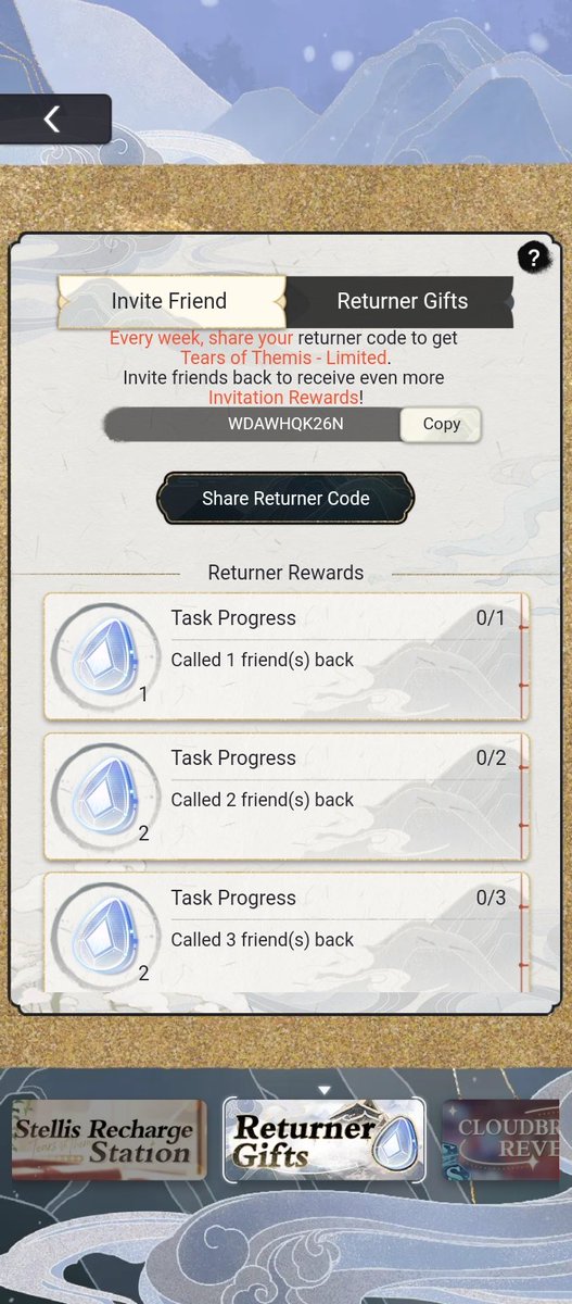 Ntflixo's tweet image. [ Tears Of Themis ] hi feel free to add my returner code, you&apos;ll get reward after add returner code.

WDAWHQK26N

#TearsOfThemis  #returnercode