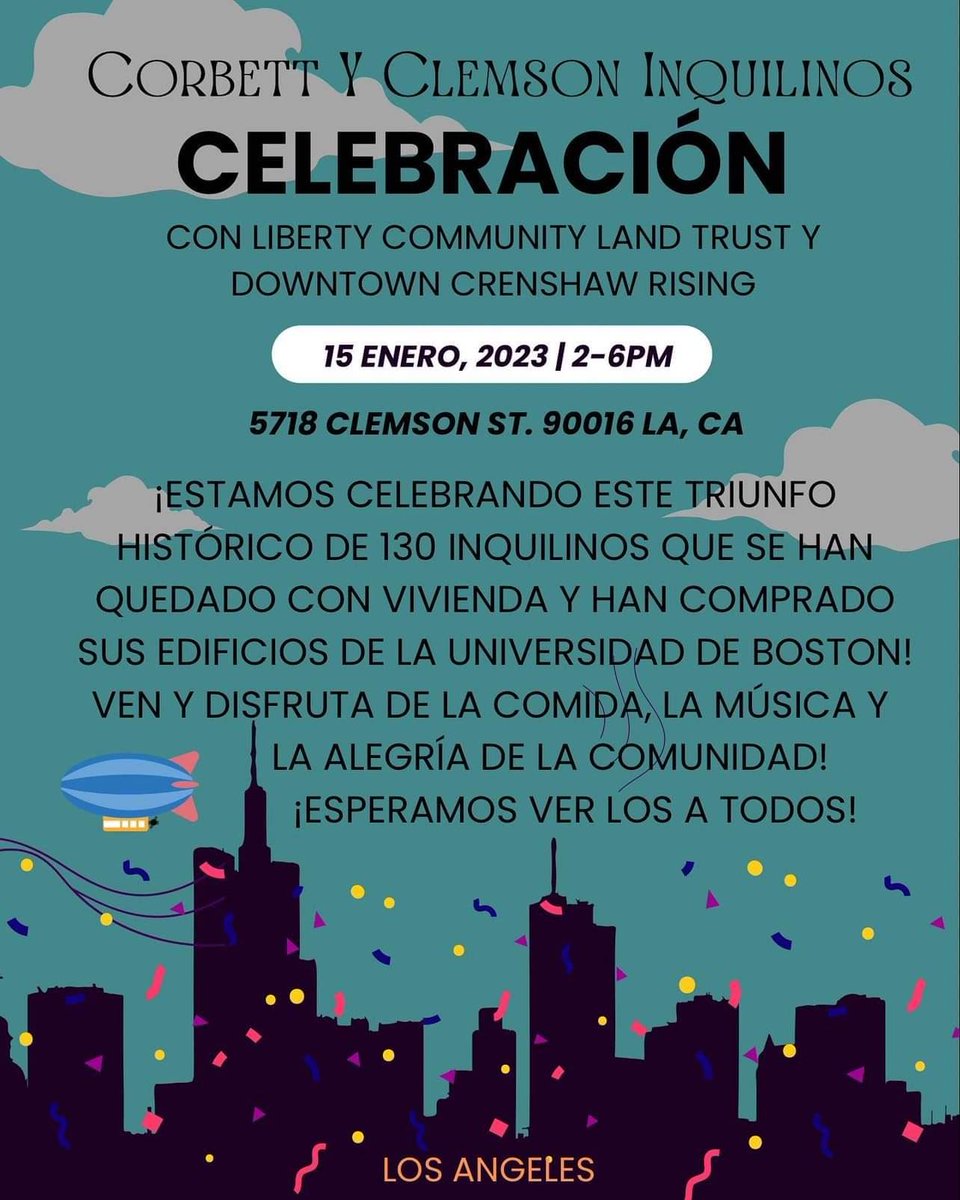 Join us Sunday, January 15, at 2pm to celebrate our win! We wouldn’t be able to do this without y’all so we want to extend this invite to everyone.
It’s going down rain or shine! Thank you for your continued love n support. 
#corbetttenants #clemsontenants #NoTenantLeftBehind