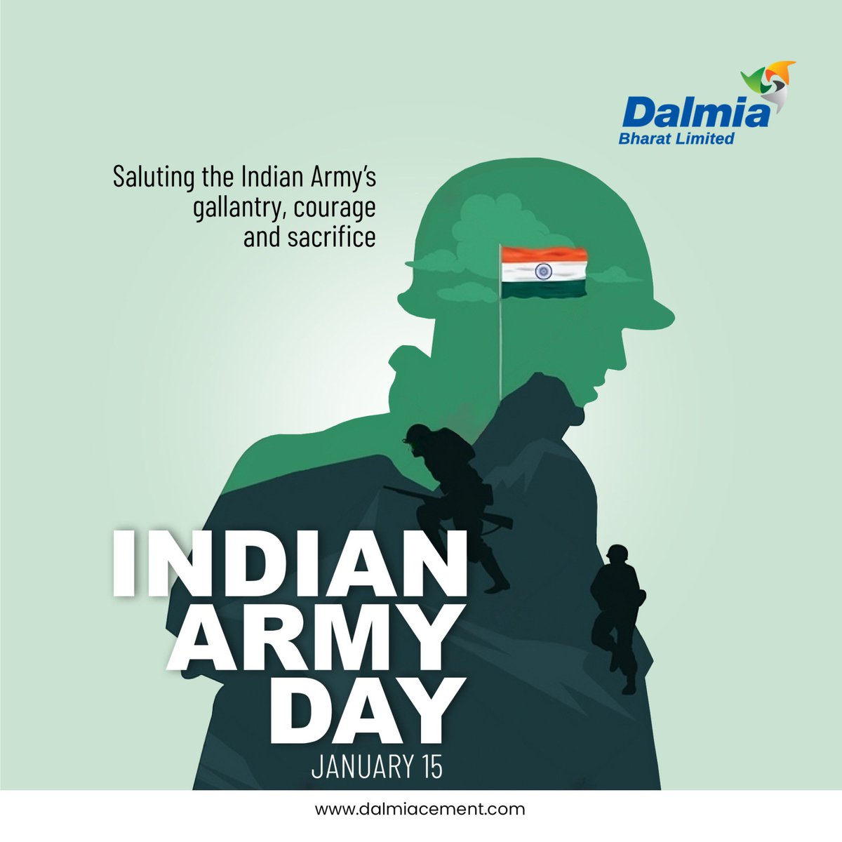 MyDalmiaCement's tweet photo. We salute the brave Indian Army personnel and their spirit of courage and valour. Their tireless dedication to serving our nation is an inspiration to us all. 

#SaluteTheIndianArmy #IndianArmy #IndianSoldiers #DalmiaCement #dalmiabharat #greytogreen 
#lifeatDalmiaBharat https://t.co/JGaf6gyUrt