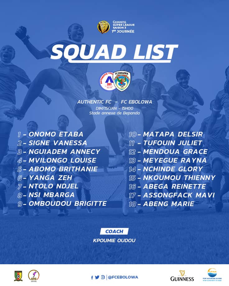 FCEbolowa's tweet photo. Mos Ebuma! @GSuper_League
Jour de match! @lffccam
Match day ! @FecafootOfficie
@FCEbolowa affronte la grande équipe d @AuthenticFC à partir de 15h00 au stade de Bepanda
#MatchDay1
#GSL3
#LFFC
#Fecafoot
#PAK
#Footballféminin
#AFCFCE
#StadedeBepanda
#EnsembleEcrivonslHistoire https://t.co/3xswZMFPnq