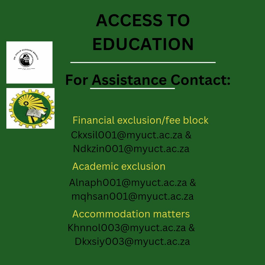 Revolutionary Greetings, 

Dr Philip Kgosana Branch is here to assist students as well as potential students in the spirit of Access to Education. 

Please will you note the important details below and share! 

Izwelethu!