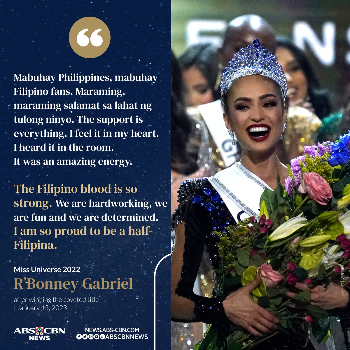 ABSCBNNews's tweet photo. I AM SO PROUD TO BE A HALF FILIPINA

#MissUniverse2022 R'Bonney Gabriel, who represented USA in the competition, says she is proud to be a half Filipina and thanks Filipinos for supporting her journey.

READ: https://t.co/88xEE0Gs1c https://t.co/pwDaLnituv