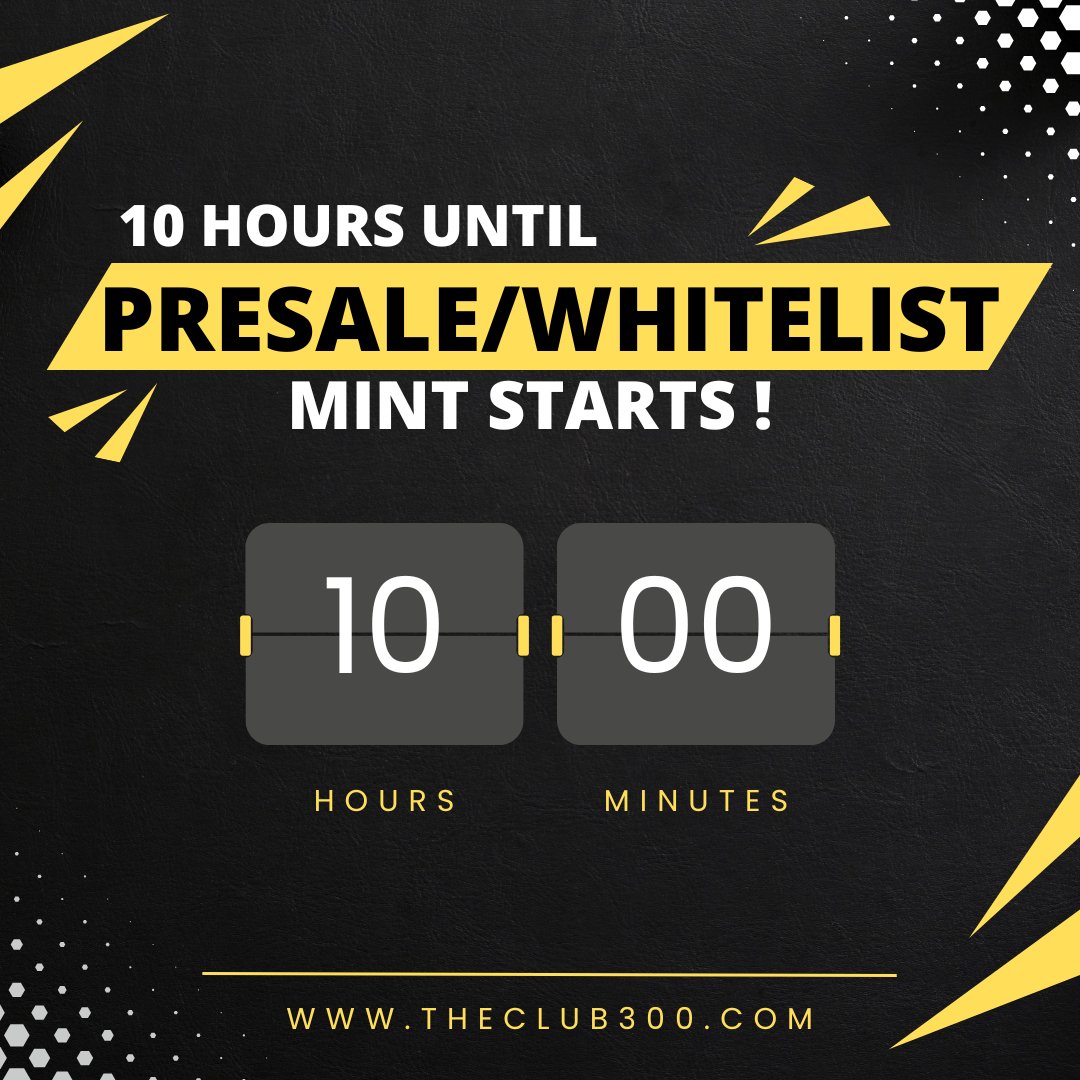 TheClub300's tweet image. 🌞GM ! TODAY, we are finally launching OUR PRESALE/ WHITELIST MINT of THE CLUB 300!🥳🥳

➡️We are very excited that it is finally starting !😍

🏆There is still the opportunity to participate in our 3 CONTESTS and secure a WHITELIST SPOT.

⏰ONLY 10 HOURS LEFT until the start !