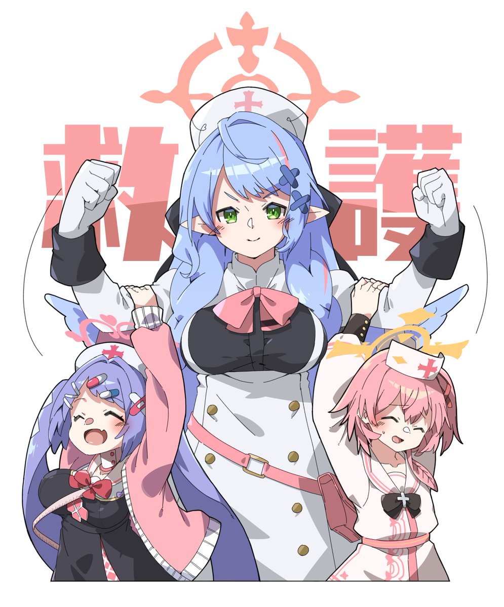 3girls arms up blue hair blush bow braid breasts  illustration images