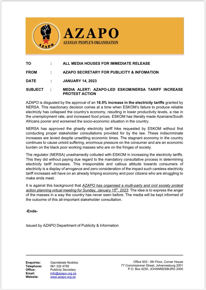 MEDIA ALERT: AZAPO-LED ESKOM/NERSA TARIFF INCREASE PROTEST ACTION <a href="/Nelvis_Qekema/">Nelvis Qekema</a> <a href="/AZAPO_News/">AZAPO</a> <a href="/Soulcandi78/">Kekeletso Khena</a> <a href="/simphiwehashe/">simphiwe hashe</a> <a href="/chrisswepu/">Chris Swepu</a> <a href="/MetsingMoms/">Moms Metsing</a> <a href="/Newzroom405/">Newzroom Afrika</a> <a href="/salaamedia/">Salaamedia</a> <a href="/POWER987News/">POWER987News</a> @SAfmnews <a href="/SABCRadio/">SABC Radio</a> @SAfmnews <a href="/eNCA/">eNCA</a> <a href="/SABCNews/">SABC News</a> <a href="/Tendy4u/">Tendani Tsedu</a>