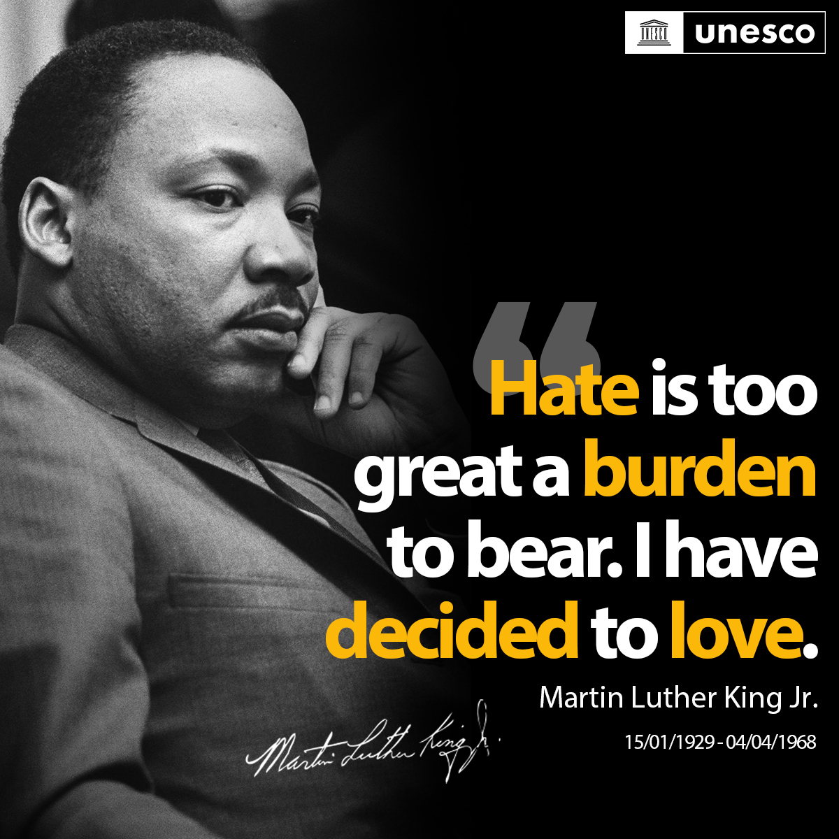 UNESCO's tweet photo. Today we pay tribute to Martin Luther King Jr, born #OnThisDay in 1929. In these unsettling times, his relentless fight for justice resonates more than ever.

Now is the time to do what is right. Stand up for our shared humanity &amp; #FightRacism. 

#MLKDay https://t.co/g2EHLsIxPQ