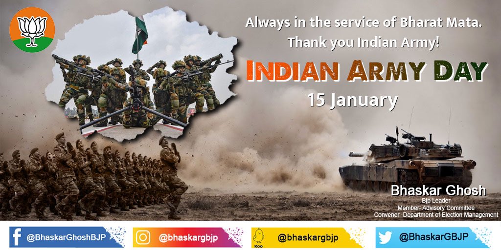 BhaskarGBJP's tweet photo. Salutations to our brave soldiers, veterans, ex-servicemen and gratitude to their families, on the occasion of #IndianArmyDay.
Indian Army is synonymous with valour and courage. On #ArmyDay, I extend my greetings to soldiers, veterans and their families #ARMY #BGSays https://t.co/mvngfaUDGF