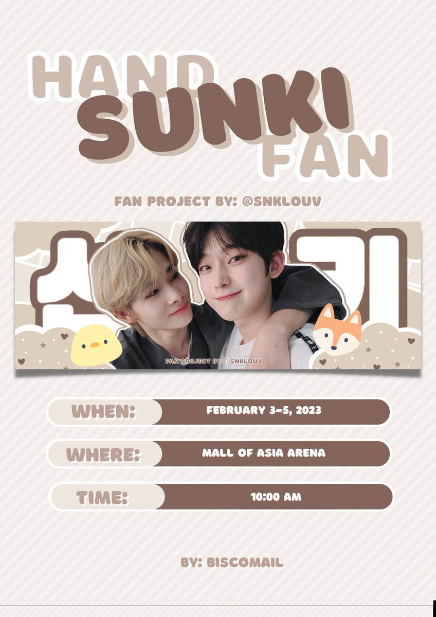 snklouv's tweet photo. enhypen manifesto in manila

hi, engenes &amp; sushiville! i'll be giving away free sunki hand banners on the day of the concert. no need to follow me na since nakalagay din sa profile ko rcbyf— as long as you're there and you're a sunkist, i'll give you 🤍

see you! https://t.co/BiVZnMWDeC