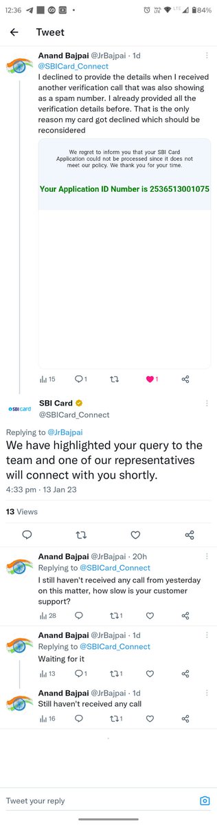 JrBajpai's tweet photo. @SBICard_Connect 
I still haven't received any call from the past 2 days after a lot of promises from the sbi card.. same reply is being provided every time like below. https://t.co/fjmfdlYUZD