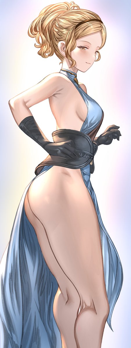 1girl ass bare shoulders belt black gloves blonde hair blue dress  illustration images