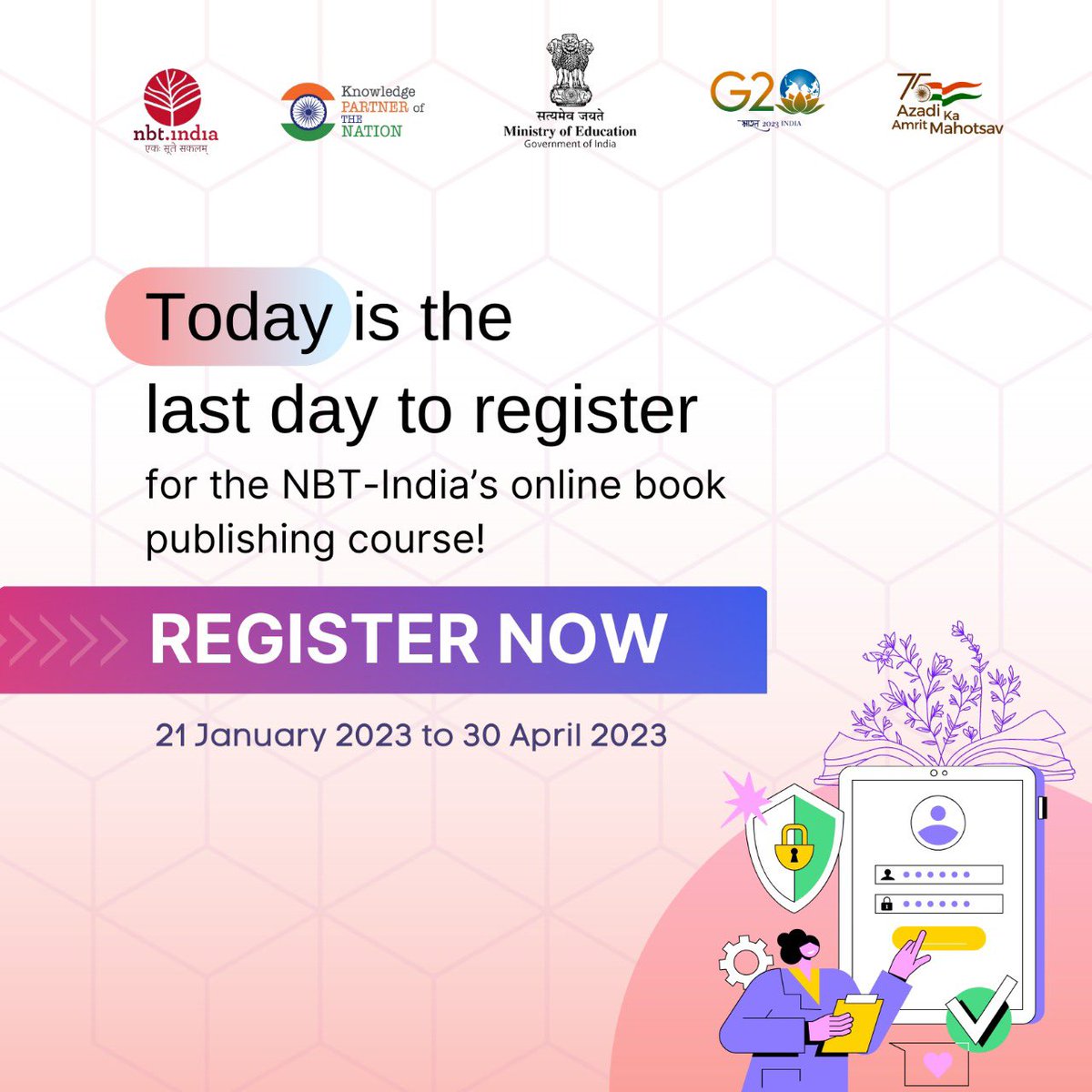 nbt_india's tweet photo. Final call for anyone who wants to get on board with us to learn more about the publishing industry!
The portal to register for the NBT-India's online book publishing course closes today!
For more information, please visit: https://t.co/zmrsJckgsN
#publishing #publishingcourse https://t.co/Yf9cIAo0YK