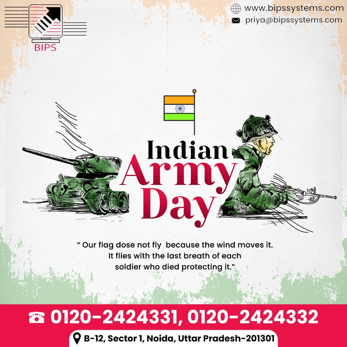 SystemsBips's tweet image. BIPS commemorates Indian Army Day with utmost respect and gratitude towards our fearless soldiers who have selflessly served to safeguard our nation.Their unwavering bravery and courage serve as an inspiration to us all. 
Jai Hind!!🇮🇳#ArmyDay #freedom #bips #indiangovt #Career