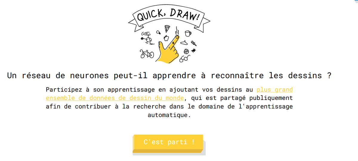 Une #IA entraînée par tous ? 🤖
C'est le cas de #Quickdraw, une #intelligenceartificielle développée par <a href="/Google/">Google</a> : en jouant avec elle, nous l'entraînons à deviner ce que nous dessinons.

👉pour jouer c'est ici : quickdraw.withgoogle.com