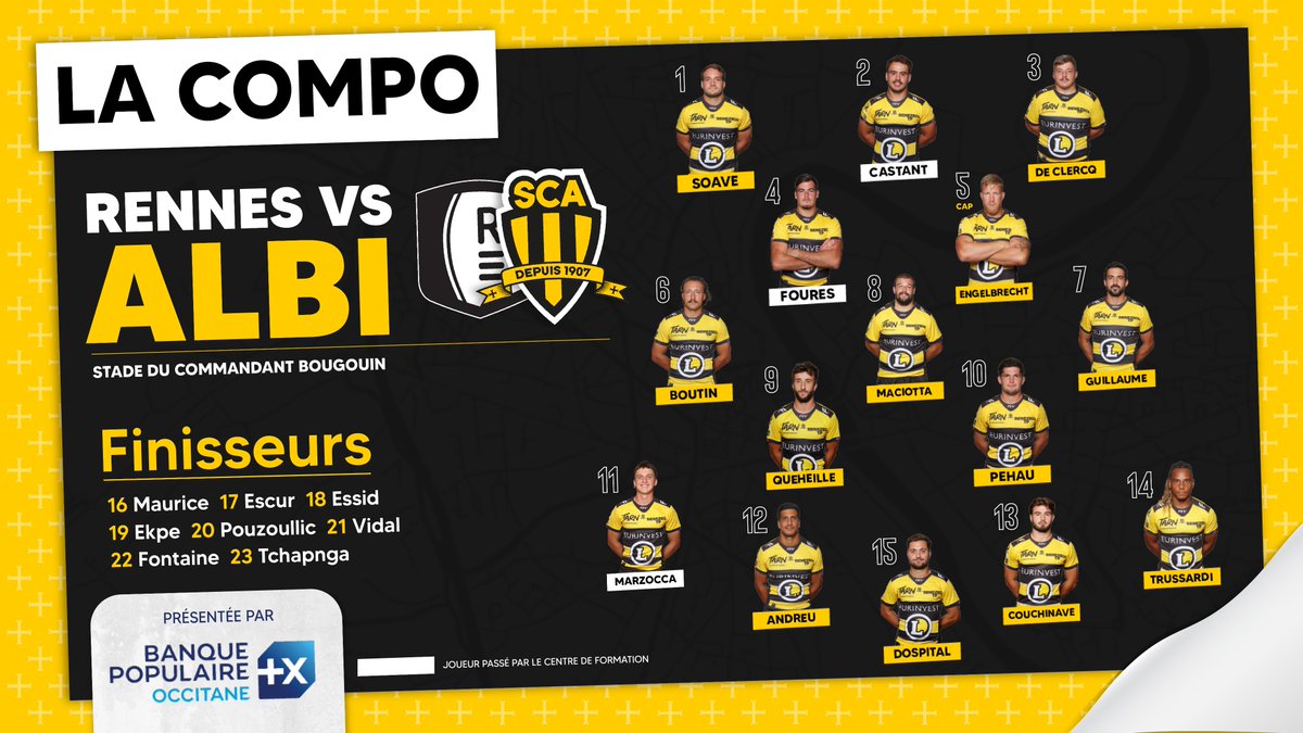 SCA_OFFICIEL's tweet photo. 𝗟𝗔 𝗖𝗢𝗠𝗣𝗢🐝
Voici la première composition de l'année 2023 ! Un seul changement sur les 23 avec Téo Dospital qui remplace Luca Sperandio 🔥
La composition vous est présentée par la Banque Populaire Occitane
#RECSCA https://t.co/yifiv35hQt