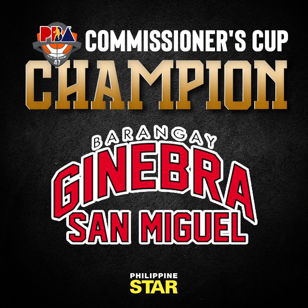 PhilippineStar's tweet photo. CONGRATULATIONS, BARANGAY GINEBRA! 🏆

Barangay Ginebra wins 2022 PBA Commissioner's Cup title after defeating Bay Area, 114-99, in the do-or-die Game 7 at Philippine Arena. https://t.co/byQCeyVzYL
