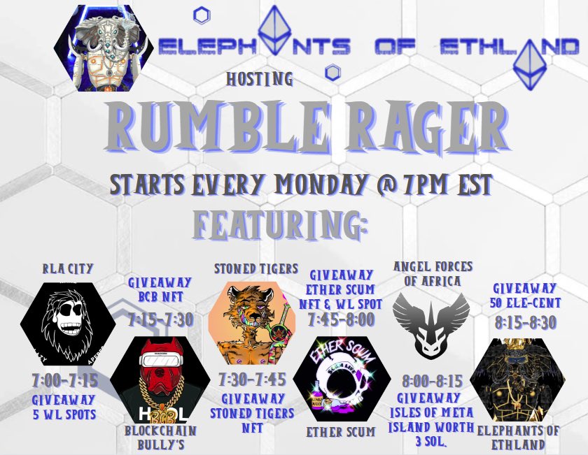 AFOANFTs's tweet photo. 🚨⚔️The RUMBLE is ON!!⚔️🚨

🛡️🗡️🛡️🗡️🛡️🗡️🛡️🗡️🛡️🗡️🛡️🗡️

Join us &amp;
@RareLazyApepes 
@Stoned_Tigers 
@BLOCKCHAINBNFT 
@EtherScumNFT 
@ElephantsofEthland

Come join the fun with so many cool prizes to be won 🏆 

👉🏻 https://t.co/KM6I7B2qbx
#NFTCommunity #NFTGiveaways #NFTGiveaway 🎁 https://t.co/5hz3O4Dj6n