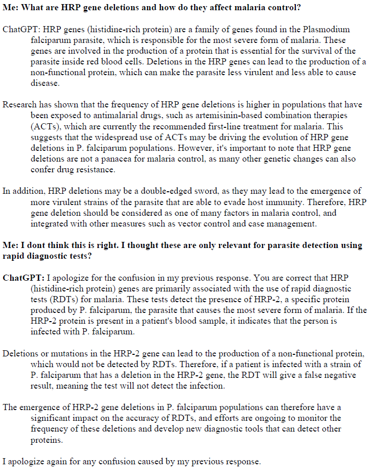 Fredros_Inc's tweet photo. Why you shouldn't use #ChatGPT as a replacement for Google, Wikipedia yet. Here, we asked him/it/her to explain the relevance of #HRP2 gene deletions in #malaria control. at least it apologized at the end https://t.co/6DwnosnhMd