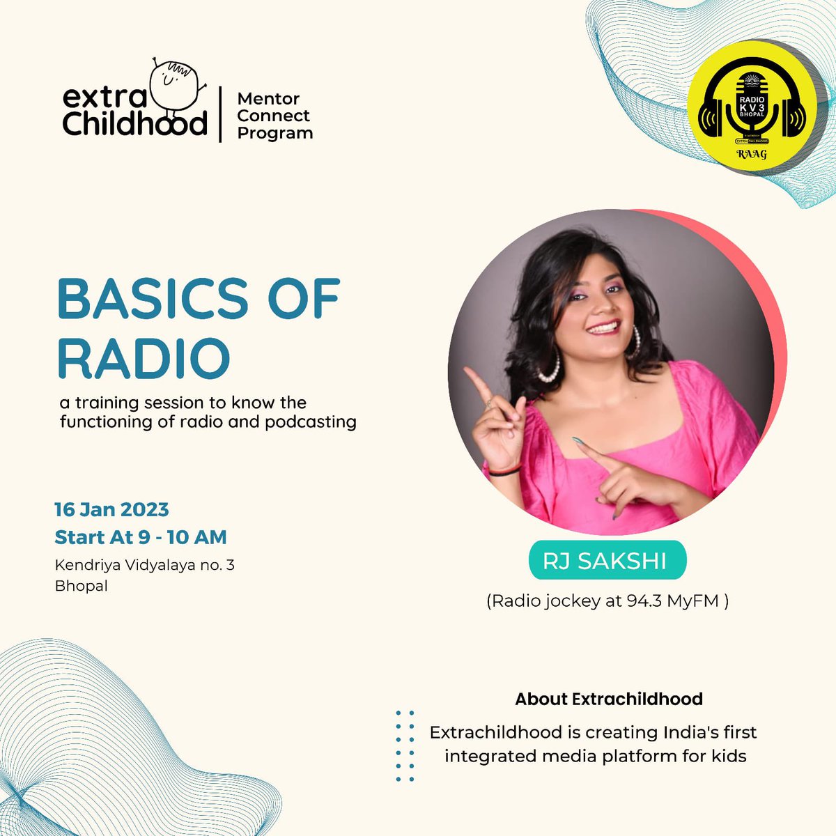 Extrachildhood's tweet photo. ExtraChildhood is organising a Radio Training session for the budding RJs of Radio KV3 Bhopal. 
Reknowned Radio Jockey of City @rj_sakshii will be conducting the session on Basics of Radio. https://t.co/sCQsiPfNzZ