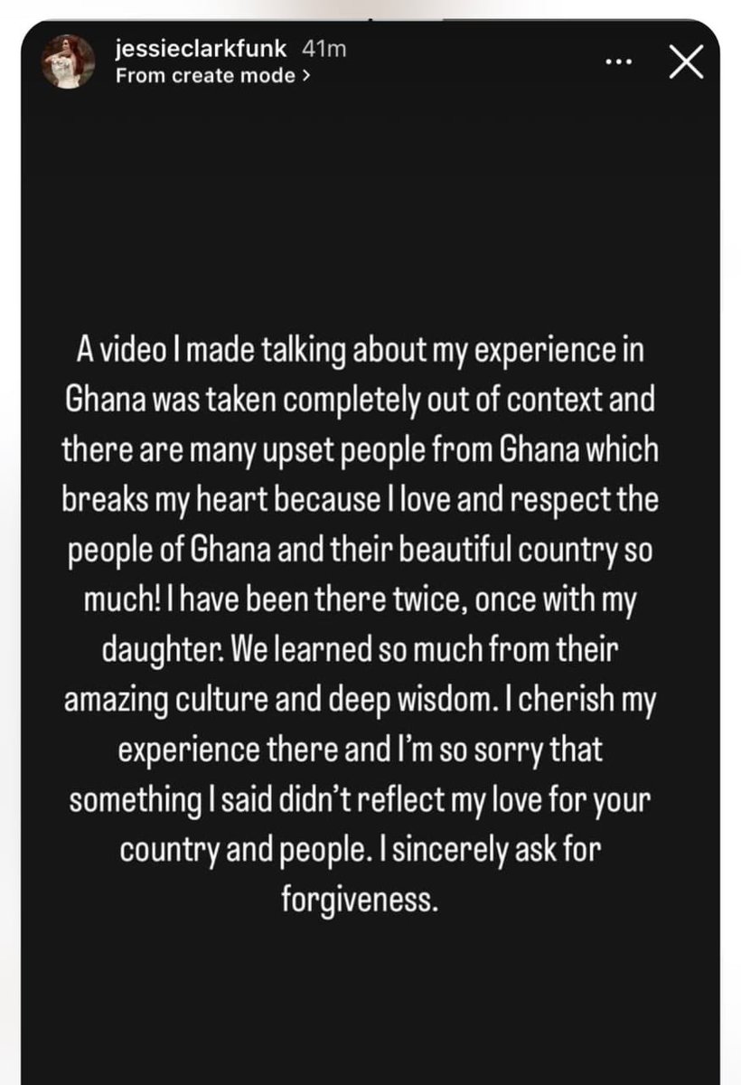 3musicnetworks's tweet photo. ICYMI🇺🇸🇬🇭: Jessie Clark Funk, the American Latter-Day Saint singer who was seen in a viral video speaking ill about Ghana during her visit, says her comments have been taken out of context by Ghanaians.

She has since pleaded for forgiveness via her IG story👇🏽. https://t.co/xGHJRoiojv
