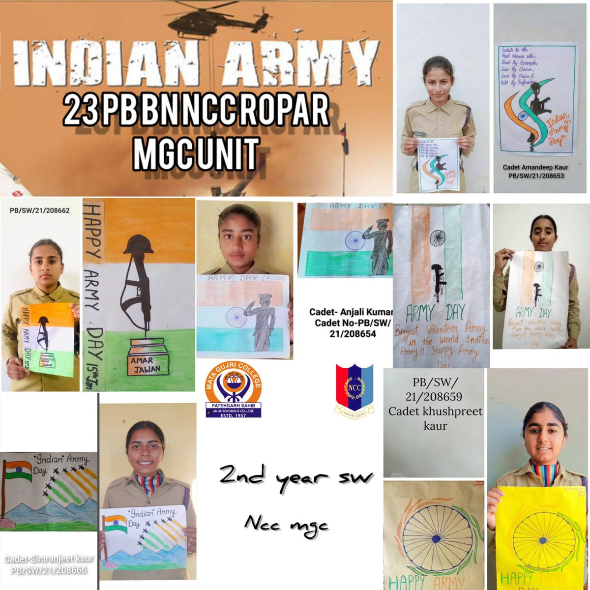 NccMgc's tweet photo. 23 PB BN NCC UNIT ROPAR GROUP HQ PATIALA From Mata Gujri College,Fatehgarh Sahib Celebrated #75thIndianArmyDay2023 by making Posters. The Tasks was done by Under the Guidance Of CTO Pushpinder Singh.
#SaluteOurSoldiers🇮🇳
@HQ_DG_NCC @NccMgc @CPhhp @Pushpinder2112 https://t.co/fIBtO4hWly