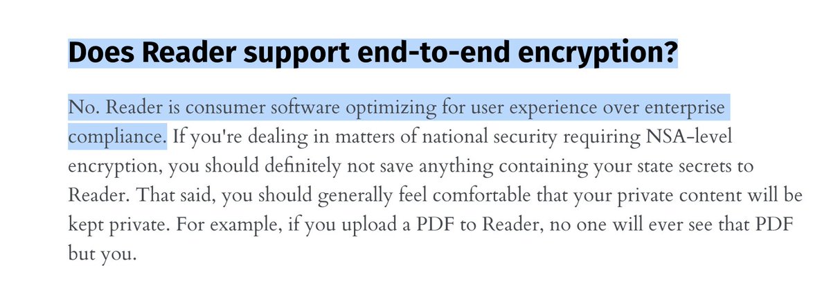 KarlEmilNikka's tweet image. Speaking of @ReadwiseReader, I appreciate that they are upfront about the security and privacy implications. It’s a good reminder about never storing sensitive data in web apps that lack end-to-end encryption. 

blog.readwise.io/p/f8c0f71c-fe5…

#Readwise #ReadwiseReader #ReadItLater