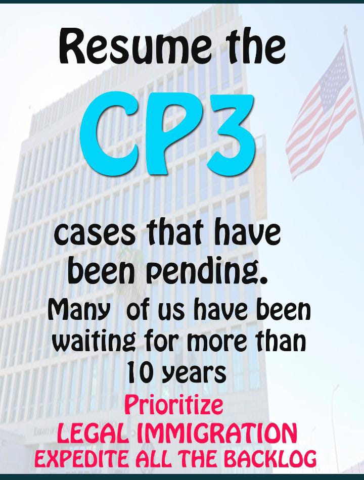#retomencp3pendiente
#Cubanfamilyparol
#Cp3SomosParole
#CP3
#Cp3ReunificaciónFamiliar
#CFRPCP1CP3
 <a href="/POTUS/">President Donald J. Trump</a> <a href="/USEmbCuba/">Embajada de los Estados Unidos en Cuba</a> <a href="/USCIS_es/">USCIS Español</a> <a href="/WHAAsstSecty/">Bureau of Western Hemisphere Affairs</a> <a href="/StateDept/">Department of State</a> <a href="/SecMayorkas/">ARCHIVED: Secretary Alejandro Mayorkas</a> <a href="/VP/">Vice President JD Vance</a> <a href="/CubaMINREX/">Cancillería de Cuba</a> <a href="/CarlosFdeCossio/">Carlos F. de Cossio</a> <a href="/TravelGov/">TravelGov</a> 
<a href="/MarioJPenton/">Mario J. Pentón</a>
<a href="/AbelZaldivar2/">Abel Zaldivar Preparador</a> 
<a href="/SolisAnnouncer/">Indira Solis</a>