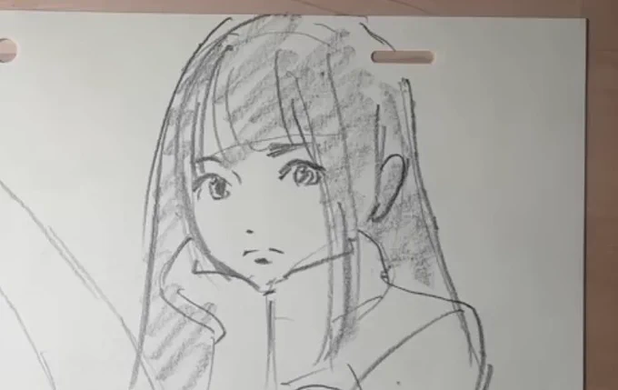 1発描きの落書き①頭と顔面を分ける②全体シルエット③ようやく目、口④髪や細部を描いて完成レイアウトが上手くなる落書き230106  37:00あたりより 
