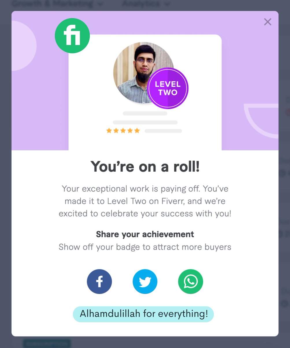 Alhamdulillah! I have been promoted to "Level - 2 seller" at Fiverr. Thanks so much for all your prayers, support, and appreciation. Thanks to my almighty Allah for the Rijk and everything. Keep praying! #fiverr #level2seller #bookkeeping #accounting #freelancing