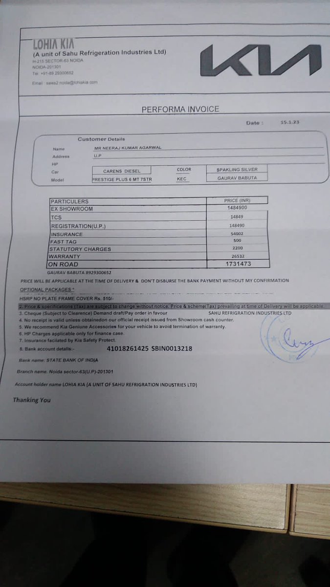 Neeraj_agarwal1's tweet photo. @Kia_Worldwide @KIAmotorsID @lohiakia1 rate change over 2 night in noida😝 2 lakh costlier than 2 days back for Kia Carens. Visited Kia Lohia today for corrected quotation after wait 20 mins Executive not responded. World class service 😛 https://t.co/P3WmXMFJns